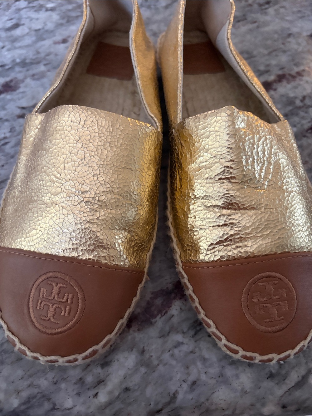 Tory Burch Gold Metallic Leather Espadrilles with Tan Toe Caps
